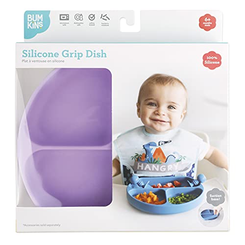 Bumkins Toddler and Baby Suction Plate, Silicone Divided Grip Dish, Babies and Kids, Baby Led Weaning, Children Feeding Supplies, Non Skid Sticky Bottom, Platinum Silicone, Ages 6 Months Up, Lavender - color: D4 Lavender-GD