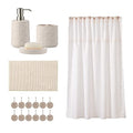 Bathroom Accessories Set, Bath Accessory Complete Set with Lotion Dispenser/Soap Pump, Soap Dish and Toothbrush Holder, Bath Mat, Shower Curtain with 12 Hooks (Embossed Pattern, Tan)