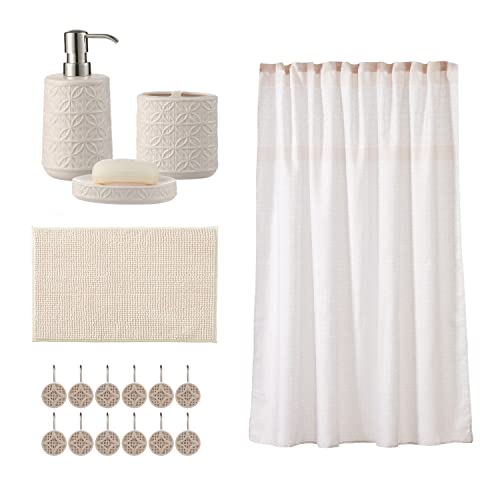 Bathroom Accessories Set, Bath Accessory Complete Set with Lotion Dispenser/Soap Pump, Soap Dish and Toothbrush Holder, Bath Mat, Shower Curtain with 12 Hooks (Embossed Pattern, Tan)