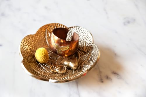 Brass Jewelry Bowl – Gold Color Circular Small Round Spoon Rest Soap Dish Candle Holder - Perfect Catchall Tray for Candles, Jewelry, Rings, and Trinkets (Gold with Embossed Rose Design) - color: Gold With Embossed Rose Design