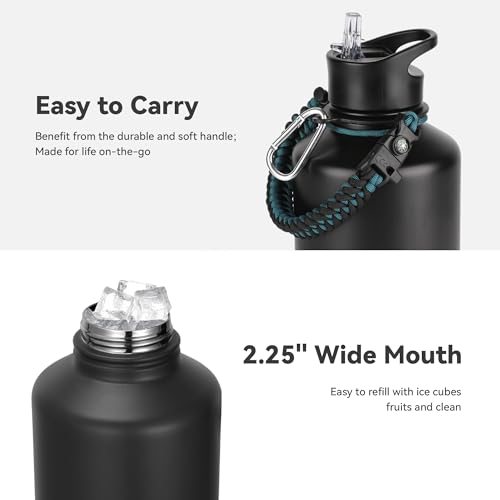 64 oz Insulated Water Bottle with Straw & Spout Lids, Stainless Steel Metal Half Gallon Water Jug with Paracord Handle, Double Wall Vacuum, Leakproof, Keep Drinks Cold & Hot, Black - color: Black, size: 64 Ounces