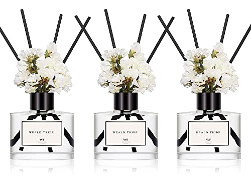 WEALD TRIBE Real Flower Reed Diffuser Set of 3 for Bathroom Air Fresheners, Oil Defusers | Fresh Linen/Ocean/Eucalyptus & Mint Scent(1.7 fl oz Each Pack) Home Fragrance with 12 Stick | Shelf Decor
