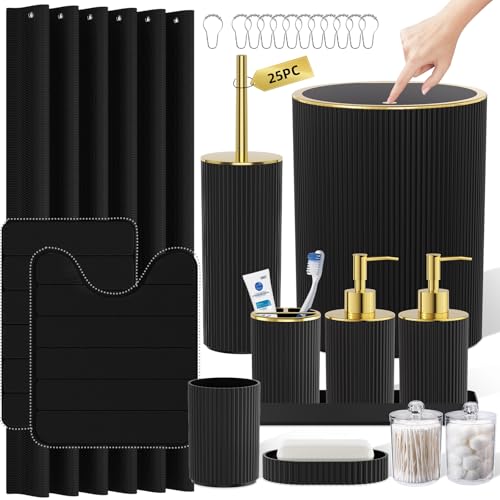 Black Gold Bathroom Accessories Set - Bathroom Sets, 25PC Bath Accessory Set, Bathroom Sets with Push Top Trash Can, Shower Curtain and Rugs, Toilet Brush, Trash Can & Soap Dispenser - color: Black & Gold, size: 25-Piece Set (Accessories + Shower Curtain
