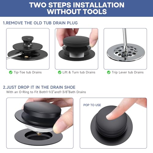 Matte Black Universal Tip Toe Tub Stopper Replacement, Pop Up Bathtub Drain Stoppers, Bathroom Bath Tub Drains Plug, Replaces Lift and Turn, Tip-Toe and Trip Lever drains for Tub, Easy Install - color: Matte Black