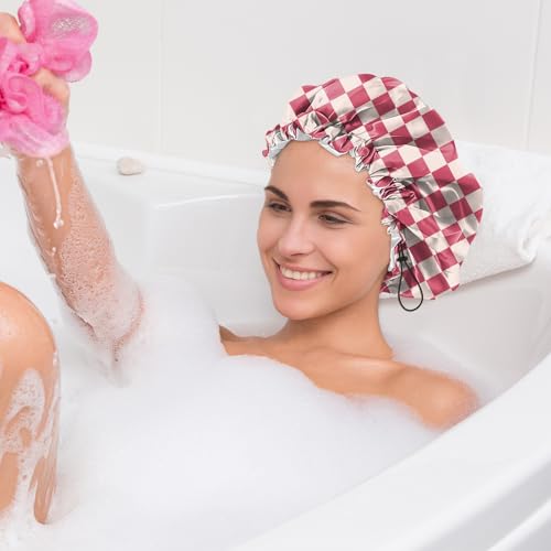 2 PCS Shower Cap Waterproof Double Layer Elastic Adjustable Reusable Hair Bath Caps for Girls Women Cute Aesthetic-Pink Black - color: G2-Pink Black