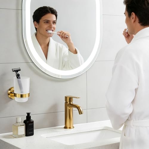 Toothbrush Holder with Frosted Glass Cup, Stainless Steel Wall Mounted Mouthwash Tumbler Holder for Bathroom, Toothpaste & Toothbrush Organizer, Brushed Gold - color: Gold