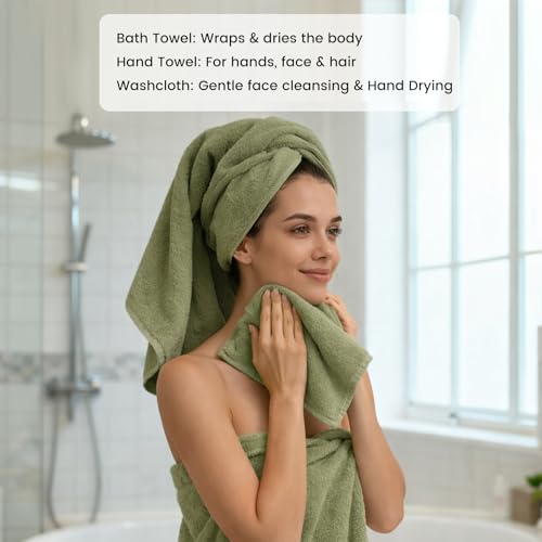 SEMAXE 8-Piece Cotton Bath Towel Set with Hanging Loops for Bathroom, Green | Complete starter set for daily showers, sink-side use, small bathrooms, and guest baths, OEKO-TEX certified, easy care - color: A05: Green