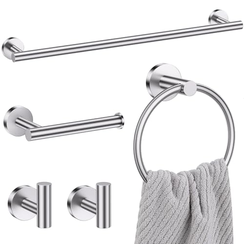 Lairuier 5 Pieces Brushed Nickel Bathroom Accessories Set, 23.6 Inch Bath Towel Bar Set, SUS304 Stainless Steel Bathroom Hardware Set Round Toilet Paper Holder Set Wall Mounted - color: Brushed Nickel, size: 5-Piece Standard Set