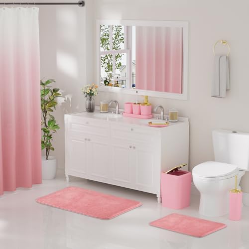 XLHOMO Bathroom Accessory Set - 24PCS Luxury Bathroom Accessories Set, Bathroom Sets with Shower Curtain and Rugs, Pink Bathroom Set with Trash Can, Toothbrush Holder & Soap Dispenser for Home Decor - color: Pink & Gold, size: Gradient Complete Set+Bath R