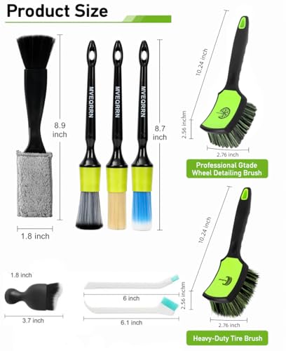 MVEQRRN 9PCS Car Detailing Brush Set, Boar Hair Detailing Brushes,Car Detailing Wheel Kit (Green) | Ultra Soft No Scratch, Car Dust Brush,Car Detailing Brushes Kit, Detail Brushes Car Detailing for Interior Exterior - color: 9pcs green detail wheel brush
