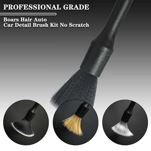 Detailing Brush Set, 3Pack Car Detailing Brushes for Dashboard Engine Bay Air Vents Leather Seat Wheel Vehicle Motorcycle Boars Hair Interior Detail Brush with Conversion Elbow, Black - color: Black