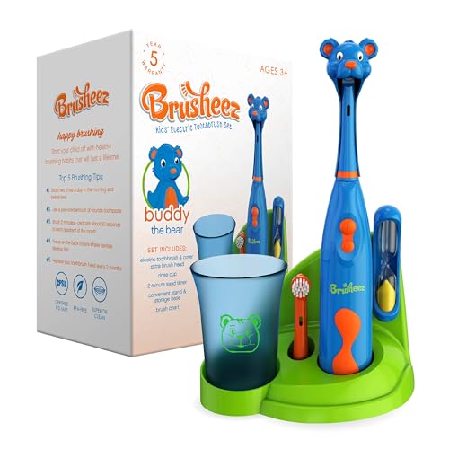 Brusheez Kids’ Electric Toothbrush Set - Safe & Effective for Ages 3+ - Parent Tested & Approved with Gentle Bristles, 2 Brush Heads, Rinse Cup, 2-Minute Timer, & Storage Base (Buddy the Bear) - color: Buddy the Bear