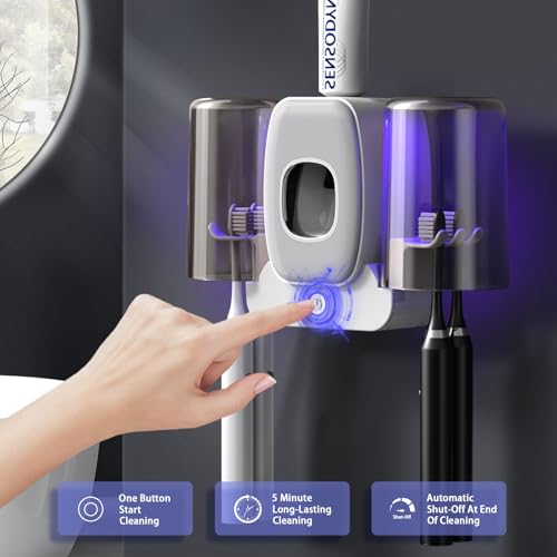 Toothbrush Holders for Bathrooms, Wekity Automatic Toothpaste Dispenser Space Saving Toothbrush and Toothpaste Holder，Toothbrush Holder Wall Mounted with 2 Cups for Bathroom (Grey)… - color: Grey