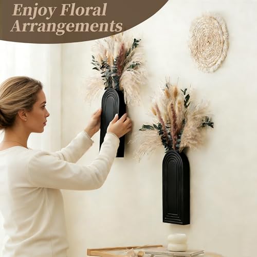 2 Pack Wooden Wall Vase Set with Pampas Grass Eucalyptus, Modern Farmhouse Boho Wall Decor for Living Room, Entryway, Hallway, Bathroom, Dining Room, Black Wall Art for Home Decoration - color: Black With Dry Flowers