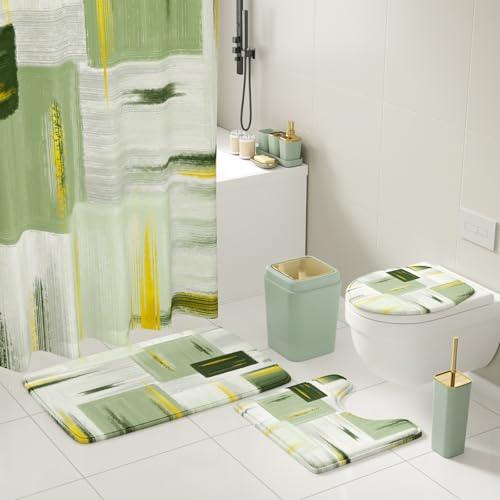 XLHOMO Bathroom Set - Sage Green Bathroom Accessories Set, Bathroom Sets with Shower Curtain and Rugs, Sage Green Shower Curtain Set with Bathroom Trash Can, Soap Dispenser, Soap Dish for Home Decor - color: Plaid Sage Green & Gold, size: Complete Set + B