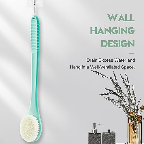 Back Scrubber for Shower, Shower Body Brush for Cleaning with Long Handle for Showering, 17 Inch Back Washer Exfoliator for Shower Men Women with Non-Slip Handle, Adhesive Hook (Celadon Green) - size: Celadon Green - Artificial Bristles