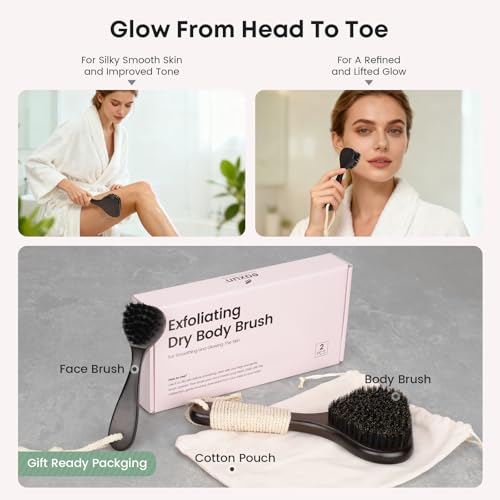 eaxun Bamboo Dry Brushing Set with Body and Face Brush, Dry Scrub Brush with Exfoliating Natural Boar Bristle for Lymphatic Drainage, Cellulite Reduction, Blood Circulation and Glowing Skin, 2 Pack - color: Stiff Boar Bristles