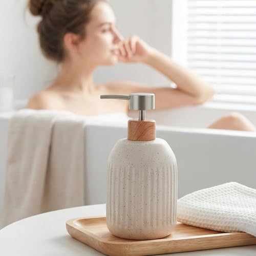 Ceramic Hand Soap Dispenser for Bathroom, 16oz Rustic Kitchen Dish Soap Dispenser, Refillable Liquid Pump Bottle for Shampoo, Lotion, Conditioner, Modern Farmhouse Bathroom Decor - color: Ribbed-cream