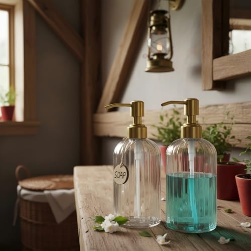 JASAI 2PACK 18Oz Fluted Glass Soap Dispenser with Golden Rust Proof Pump, Refillable Kitchen soap Dispenser with Vertical Stripe, Bathroom Soap Dispenser for Dispense Hand soap, Dish Soap, Lotion. - color: Clear-golden Pump-2p, size: 2 Pack