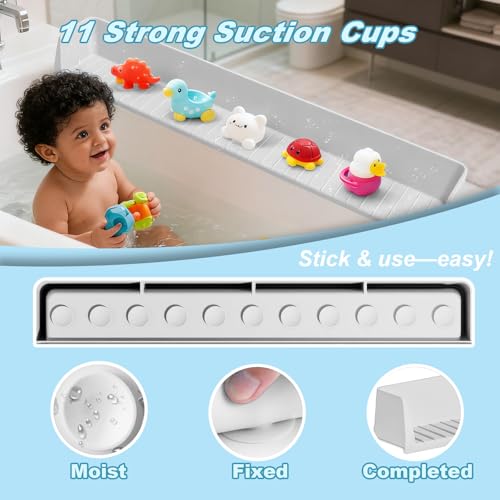 Bathtub Splash Guard for Kids,2.6 FT Silicone Bathtub Play Shelf with 11 Suction Cups, Bath Tub Ledge Shelf for Kids, Prevents Water Spills in Bathroom (Grey) - color: Grey