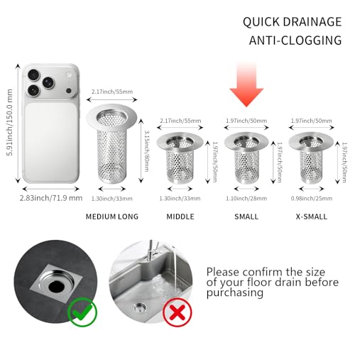 Bathroom Sink Drain Strainer, 304 Stainless Steel Hair Catcher for Bathtub Shower Floor Drain, Bathtub Drain Cover Strainer Basket Fit 1.1" to 1.97" Drain Hole (2PCS) - size: Small