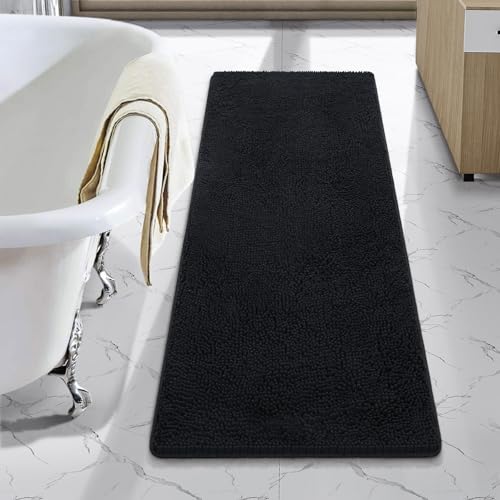 LOCHAS Luxury Bathroom Rug Shaggy Bath Mat 48 x 17 Inch, Washable Non Slip Bath Rugs for Bathroom Shower, Soft Plush Chenille Absorbent Carpets Mats, Black - color: Black, size: 1'5" X 4' (17''x48'')