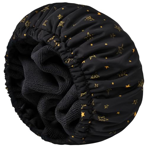 Shower Cap for Women Terry Lined Bath Cap Large Reusable Waterproof Elastic Band Black Star Shower Caps for Long Thick Hair Soft Bath Shower Hair Caps - color: Black/Gold Star