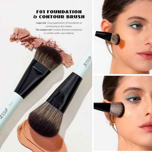Jessup Face Makeup Brushes Blue 3pcs Double Ended Makeup Brush for Foundation Contour Blush Highlight and Concealer Brush, Premium Synthetic Brush Set T503 - style: T503