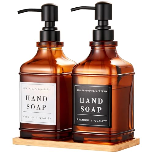 Dish and Hand Soap Dispenser for Kitchen, Amber Glass Soap Dispenser with Pump,Tray,Funnel, Set of 2 Countertop Soap and Lotion Dispenser for Bathroom,Shower,500ml/16.9oz, - color: Ks-5070c-28y-2b