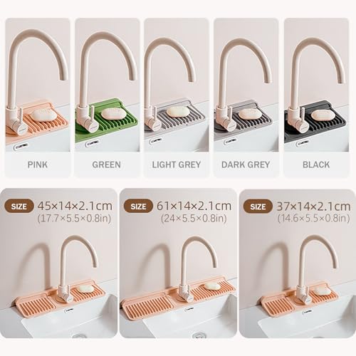 14.5" Silicone Faucet Handle Drip Catcher Tray,7° Sloped Self Draining Mat with Snap-on Design & Soap Holder, Sink Splash Guard for Kitchen & Bathroom, Trim-to-Fit Opening - color: Light Gray, size: 14.5" x 5.5"