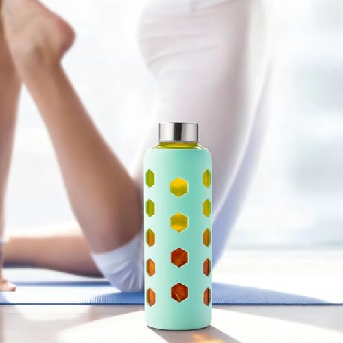 Mrsdry Glass Juice Bottles with Lids and Silicone Sleeves 18 oz, 4-Pack Reusable Clear Glass Water Bottles with Stainless Steel Airtight Cap for Juicing, Refrigerator, BPA Free Leak-Proof Drinking Jar - color: Mint