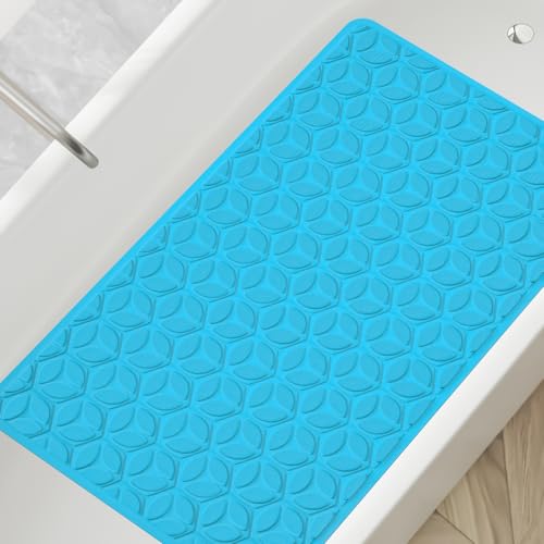 Bathtub Mat Non Slip with Suction Cups - 100% Rubber Bathroom Mat Textured for Bath Tub Shower Safety - Soft on Touch - BPA/PVC Free - Pet Dog Bath Mat - Machine Washable - 16 × 28 Inch（R Blue） - color: River Blue, size: 28" x 16" (Rectangular)