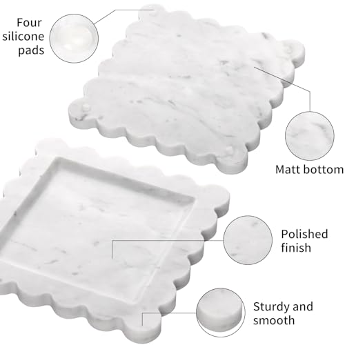 Square Marble Decorative Tray with Scalloped Edge,Luxury Natural Italian Stone Bathroom Vanity Tray, Dresser Top Perfume Coffee Home Sink Tray, Key Trinket Ring (Carrara White, 8 * 8) - color: Carrara White, size: 8" x 8" x 0.8"