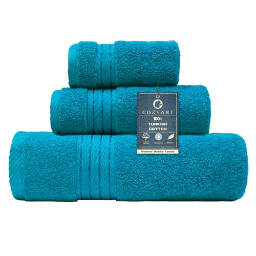 COZYART Luxury Crystal Teal/Peacock Blue Bath Towels Set, Cotton Hotel Large Towels for Bathroom, Thick Bathroom Set of 3 with 1 Bath Towel, 1 Hand Towel, 1 Washcloth, 650 GSM - color: Crystal Teal/Peacock Blue, size: 3 Piece Towel Set