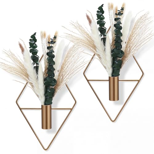 Canlierr 4 Pcs Antique Bronze Wall Decor Hanging Planters with Artificial Plants Eucalyptus Pampas Grass Metal Hanging Vase Indoor Plants Holder Modern Boho Wall Art for Bathroom Bedroom Living Room - color: Antique Bronze, size: Pampas Grass, Eucalyptus