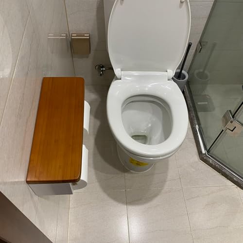 White Double Toilet Paper Holder with Wooden, White Wall Mounted Toilet Paper Holder with Wood Shelf, Bamboo Toilet Paper Holder with Phone Shelf - color: Wood Brown&white, size: Full
