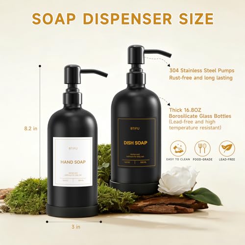 Kitchen Soap Dispenser Set – 16.8oz/500ml Glass Hand and Dish Soap Dispenser with Stainless Steel Pumps & Non-Slip Silicone Base, Luxury Countertop Decor for Home, Airbnb, Vacation Rental (Black) - color: Black & Black