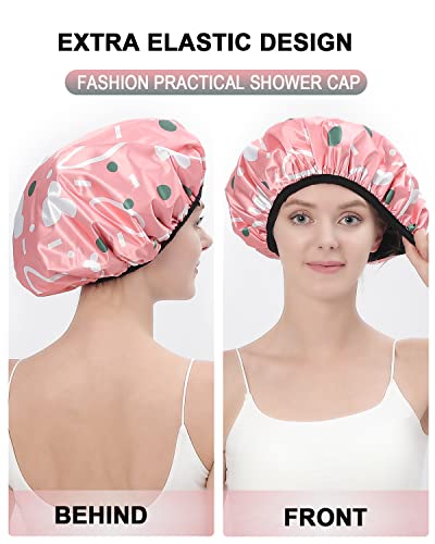 YIZIJIZI Triple Layer Reusable Waterproof Shower Cap for Women Large Terry Lined Hair Cap for Long Thick Hair Travel Bath Care Pink Flowers - color: Pink Flowers