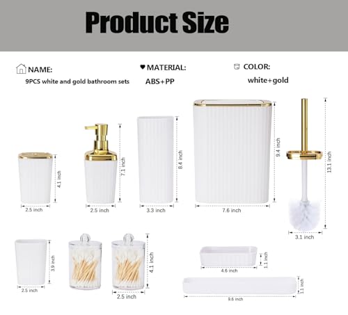 Bathroom Accessory Set,9 Pieces White Bathroom Sets Complete with Toothbrush Holder, Trash Can, Lotion Soap Dispenser, Toothbrush Cup, Vanity Tray, Soap Dish, Toilet Brush, Qtip Holder for New Home - color: White