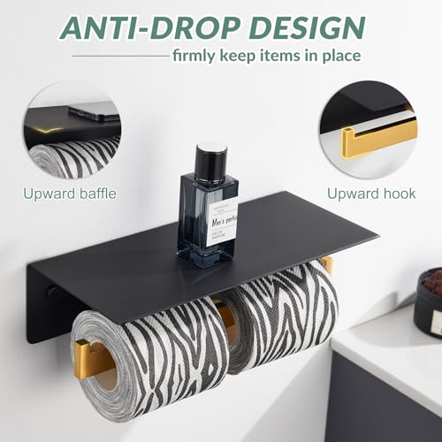 APLusee Double Toilet Paper Holder with Phone Shelf, 304 Stainless Steel Bathroom Tissue Hanger, Wall Mounted Dual Roll Paper Dispenser, Black & Gold - color: Black With Gold, size: Double Rod