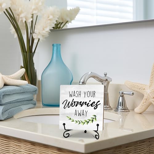 Sage Green Laundry Decor, Wash Your Worries Away Sign, Funny Bathroom Laundry Room Sink Shelf Decor, Guest Bathroom Decoration, Funny Toilet Washroom accessories and Decor（5 Inches）-A21 - color: grey