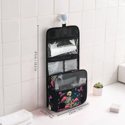 MNSRUU Hanging Toiletry Bag Skeleton Sitting on Mushrooms with Butterflies Travel Makeup bag for Toiletries Portable Travel Toiletry Organizer Cosmetic Bags with Hanging Hook - color: Skeleton A14152
