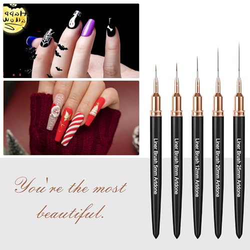 Artdone Metallic Nail Art Pens, Liner Brushes Set, 5PCS Black Nail Tools | For Long Lines, Thin Details, Fine Drawing, Liner Brush UV Gel Polish Painting Nail Design Sizes 5/8/12/20/25mm - color: Black Liner Brush Set