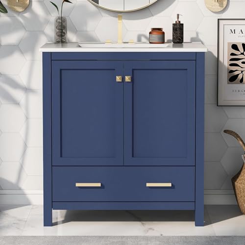 Linique 30" Modern Bathroom Vanity with Sink Combo Set, Solid Wood Frame Bathroom Storage Cabinet with 2 Soft Closing Doors and a Drawer, Multifunctional Storage, Blue - color: Blue