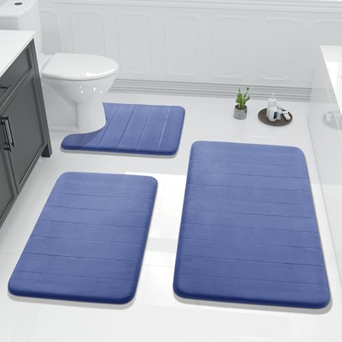 Yimobra 3 Pieces Memory Foam Bath Mat Set with U-Shaped Toilet Rug - Non Slip Super Soft Absorbent Quick Dry Bathroom Rugs for Bathtub, Vanity & Toilet Base, Navy Blue - color: Navy Blue, size: 44''x24'' + 31.5''x20'' + 24''x20''