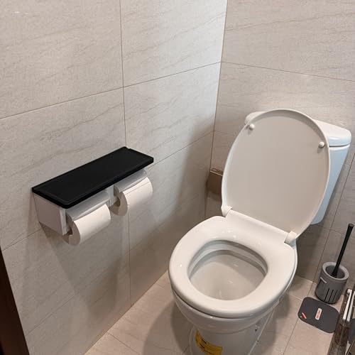 Black Toilet Paper Holder with Storage Shelf, Matte Black Toilet Paper Holder with Storage, Black Double Toilet Paper Holder with Shelf for Bathroom - color: Abs Black&white, size: Full