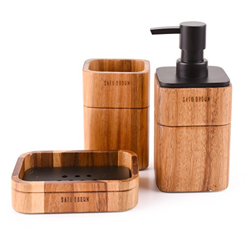 Bathroom Accessory Set Acacia Wood 3 Pieces Includes Bathroom Soap Dispenser, Bathroom Tumbler, Soap Dish Accessories for Bathroom Decor and House Warming Gift