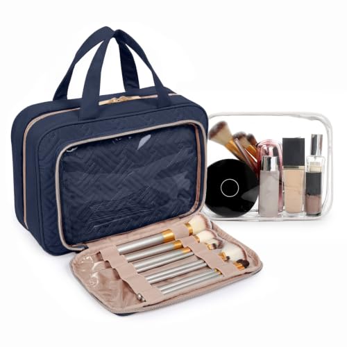 BAGSMART Toiletry Bag Hanging Travel Makeup Organizer with TSA Approved Transparent Cosmetic Bag Makeup Bag for Full Sized Toiletries, Medium-Navy - color: Navy, size: Medium