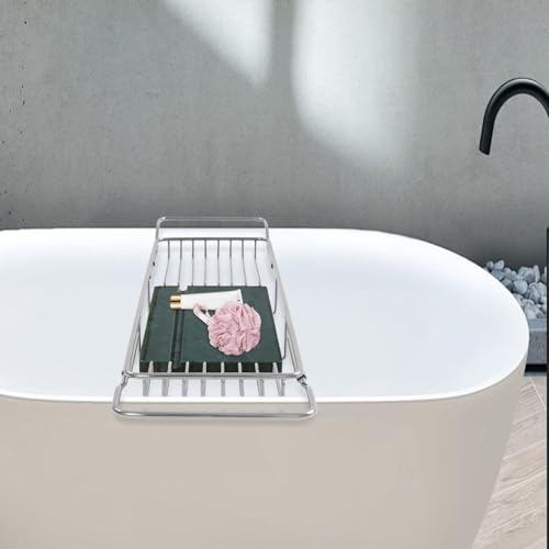 Bathtub Tray for Tub, Metal Expandable Extra Wide Bath Caddy Tray for Bathtub with Natural Marble Groove for Bath Spa (Silver Frame Green Marble Base) - color: Silver Frame Green Marble Base