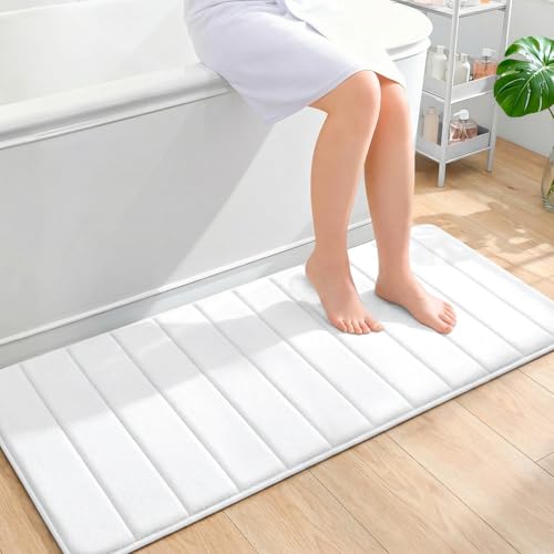 OLANLY Memory Foam Long Bathroom Rugs Runner 47x20, Super Soft Absorbent Bath Mat, Quick Dry, Machine Washable Shower Floor Rugs, Bathmat Carpet, Bathroom Home Decor Accessories, White - color: White, size: 47" X 20"